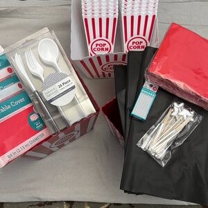 Popcorn Party Supplies Set with Red Silver and Black Accents